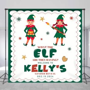 Customized Name Green Elf Gender Reveal Backdrop - Aperturee