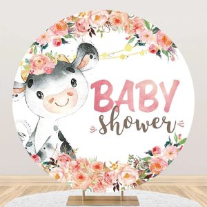 Cute Dairy Cow Flowers Circle Baby Shower Backdrop - Aperturee