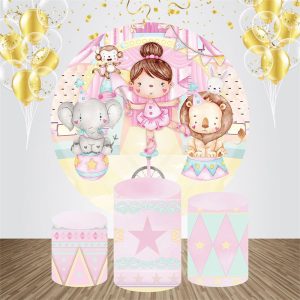 Cute Girl Animal Pink Round Baby Shower Backdrop Kit - Aperturee