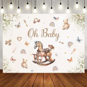 Cute Wood Horse Toys Leaves Baby Shower Backdrop - Aperturee