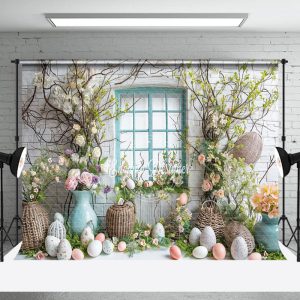 Egg Window Green Leaves Easter Backdrop For Photo - Aperturee