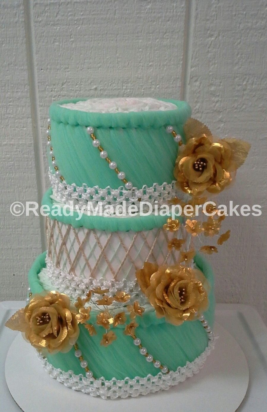 Elegant Mint Green and Gold Themed Baby Shower Decor 3 Tier Diaper Cake Gift