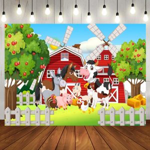 Farm House Animals Apple Tree Baby Shower Backdrop - Aperturee