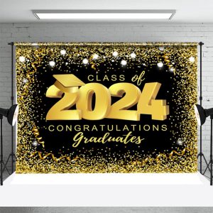 Flag Ribbon Gold Black Class Of Graduation Backdrop - Aperturee