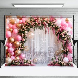 Floral Arch Pink Balloons Curtain Fine Art Backdrop - Aperturee