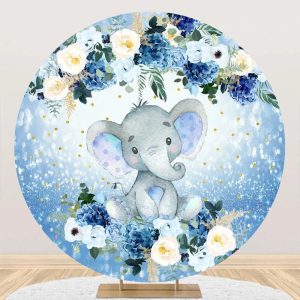 Floral Blue Elephant Dot Round Baby Shower Backdrop - Aperturee