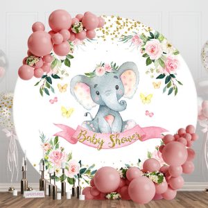 Floral Leaves Elephant Round Baby Shower Backdrop - Aperturee