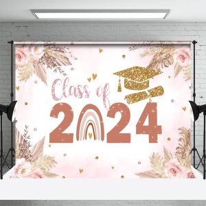 Floral Pink Class Of 2024 Rainbow Grad Photo Backdrop - Aperturee