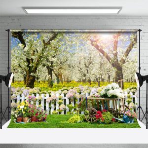 Floral Warm Green Grass Fence Garden Spring Backdrop - Aperturee