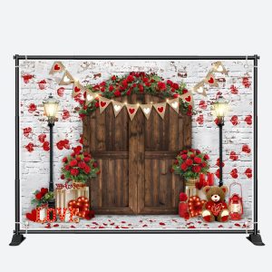 Floral Wood Door Brick Wall Valentines Day Backdrop - Aperturee