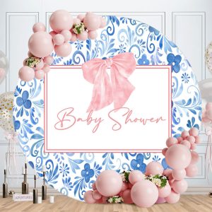 Flower Pattern Bowknot Round Baby Shower Backdrop - Aperturee