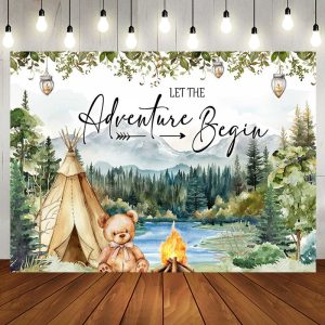 Forest Mountain Tent Teddy Bear Baby Shower Backdrop - Aperturee