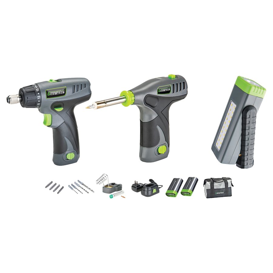 GENESIS GL0831CK2 8-Volt Li-Ion 3-Piece Cordless Tool Kit with Screwdriver, Soldering Iron, and Pocket LED Light