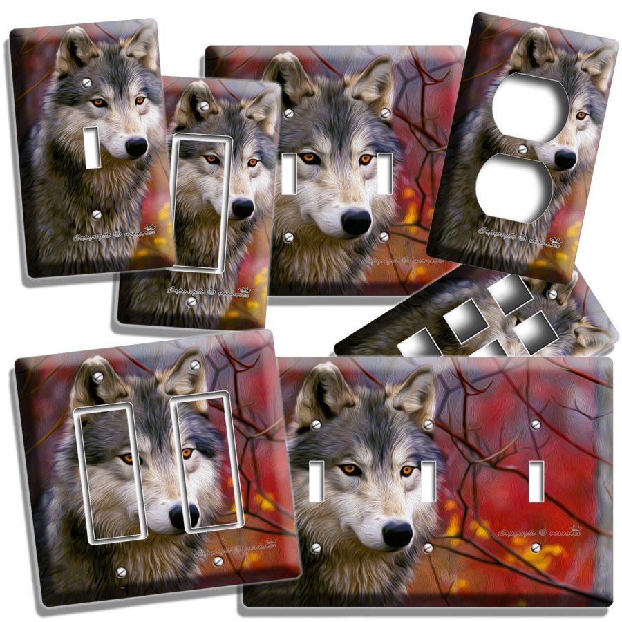 GRAY WOLF IN THE WOODS AUTUMN FOREST LIGHT SWITCH WALL PLATE OUTLET HOME DECOR