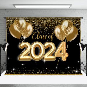 Gold Glitter Class Of 2024 Black Grad Photo Backdrop - Aperturee