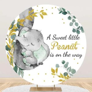 Green Elephant Gold Leaf Round Baby Shower Backdrop - Aperturee