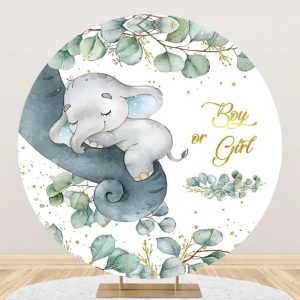 Green Leaves Elephant Round Baby Shower Backdrop - Aperturee