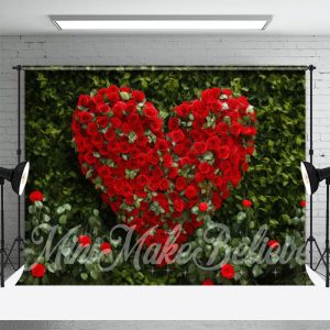 Green Leaves Red Heart Rose Valentines Day Backdrop - Aperturee