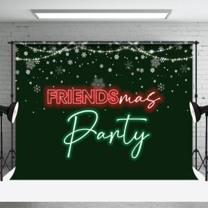 Green Red Neon Light Snow Friendsmas Party Backdrop - Aperturee