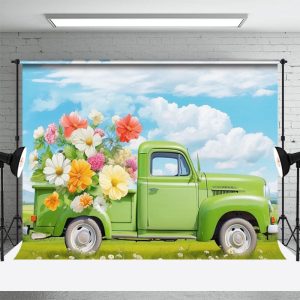 Green Truck Full Of Flowers Blue Sky Spring Backdrop - Aperturee