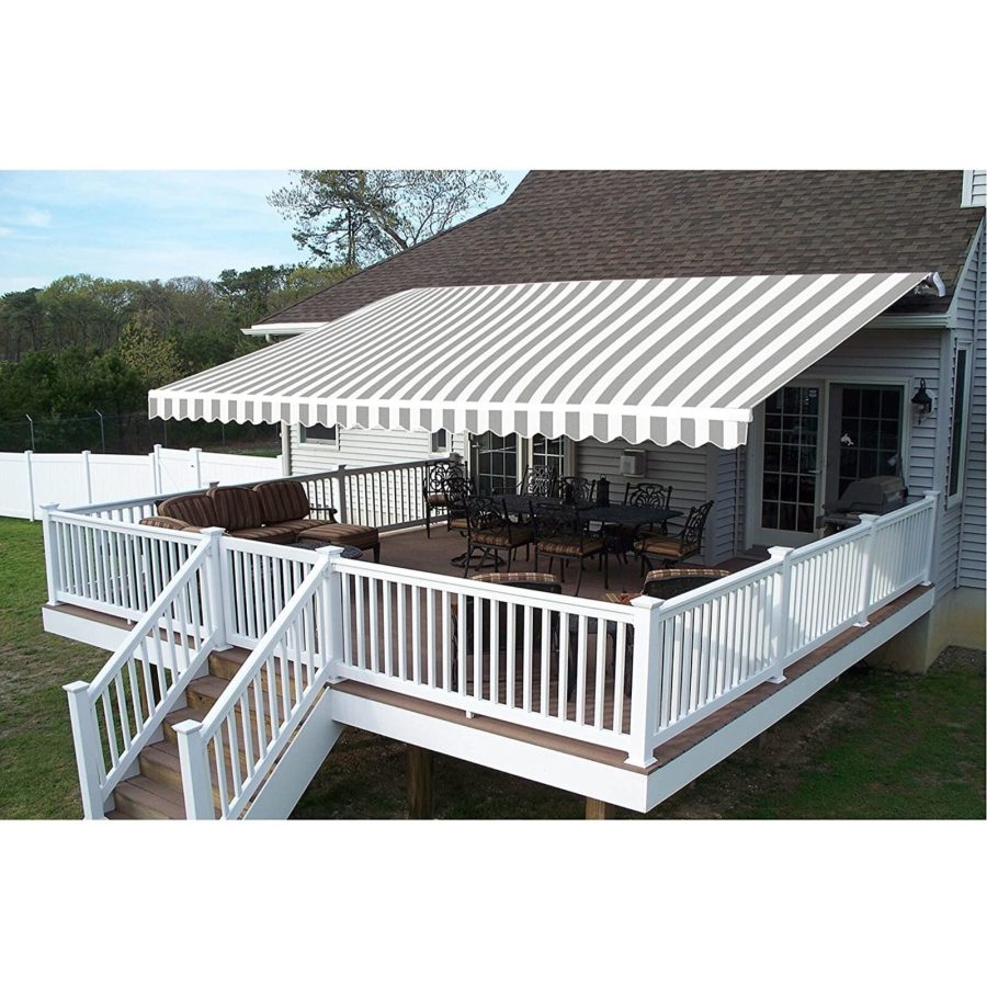 Grey White Striped 13X10 Ft Retractable Home Patio Canopy Awning