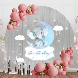 Grey Wood Moon Elephant Round Baby Shower Backdrop - Aperturee