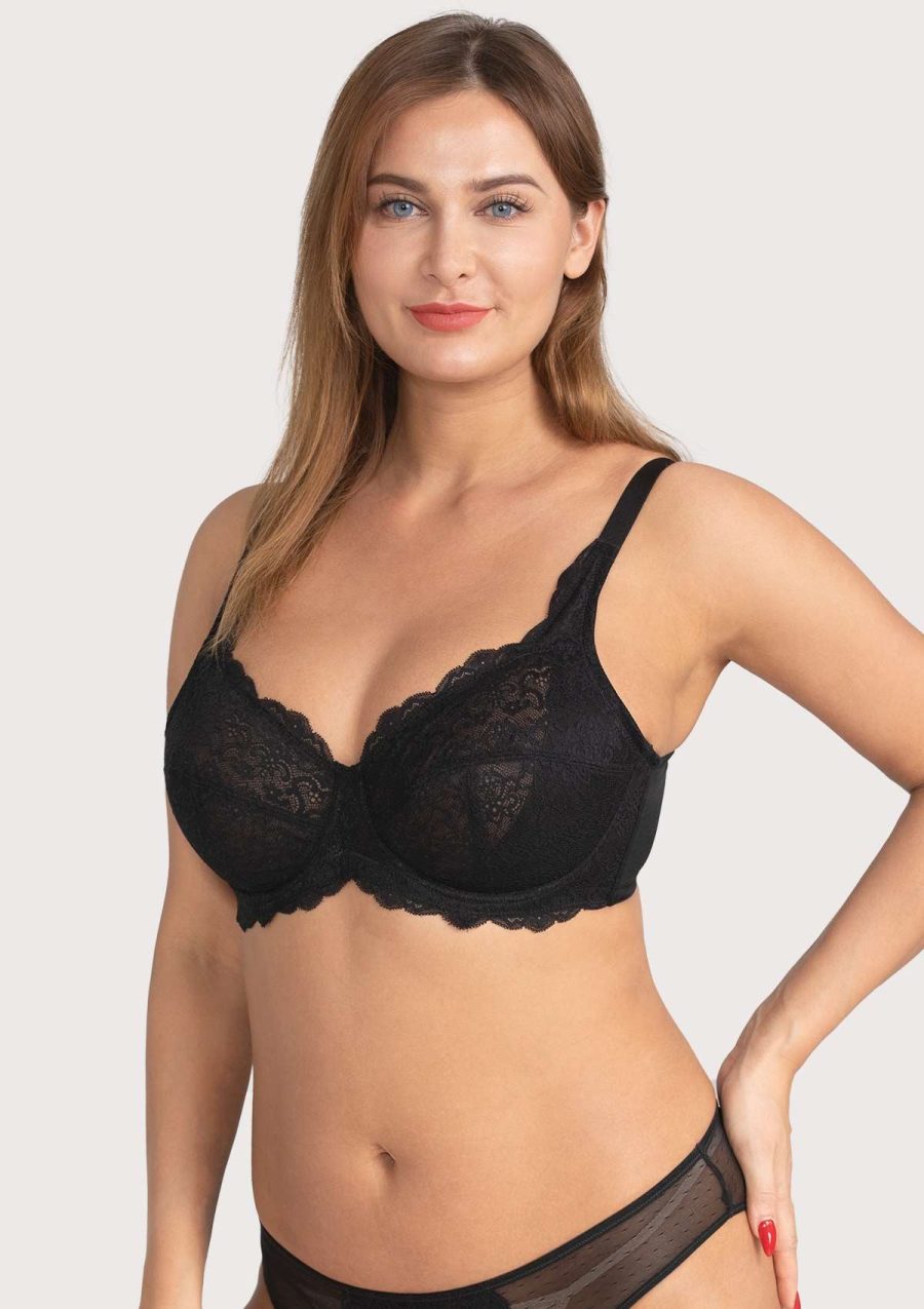 HSIA All-Over Floral Lace Unlined Bra: Minimizer Bra for Heavy Breasts - Black / 34 / C