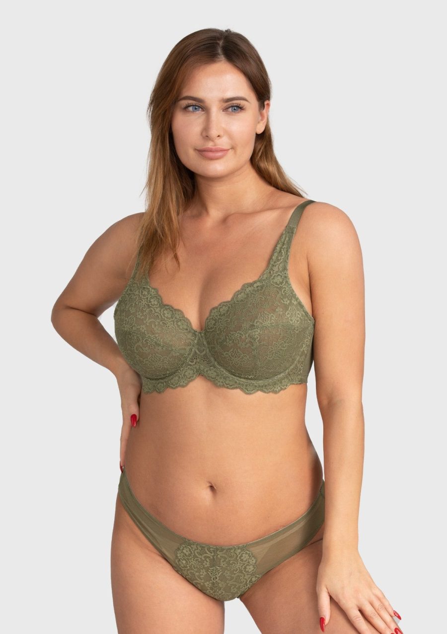 HSIA All-Over Floral Lace Unlined Bra: Minimizer Bra for Heavy Breasts - Dark Green / 34 / C