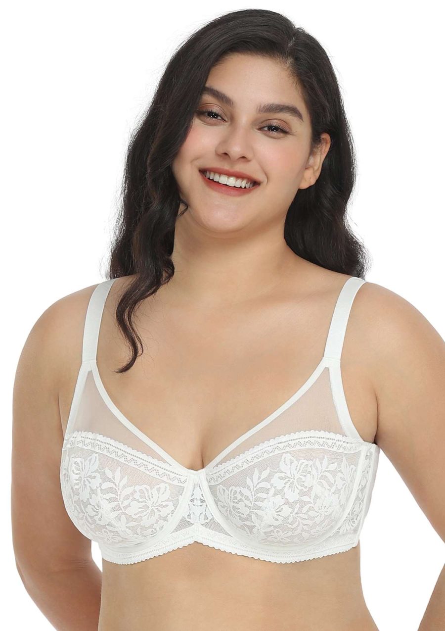 HSIA Gladioli Lace Mesh Minimizing Unlined Underwire Bra for Fuller Busts - White / 42 / H