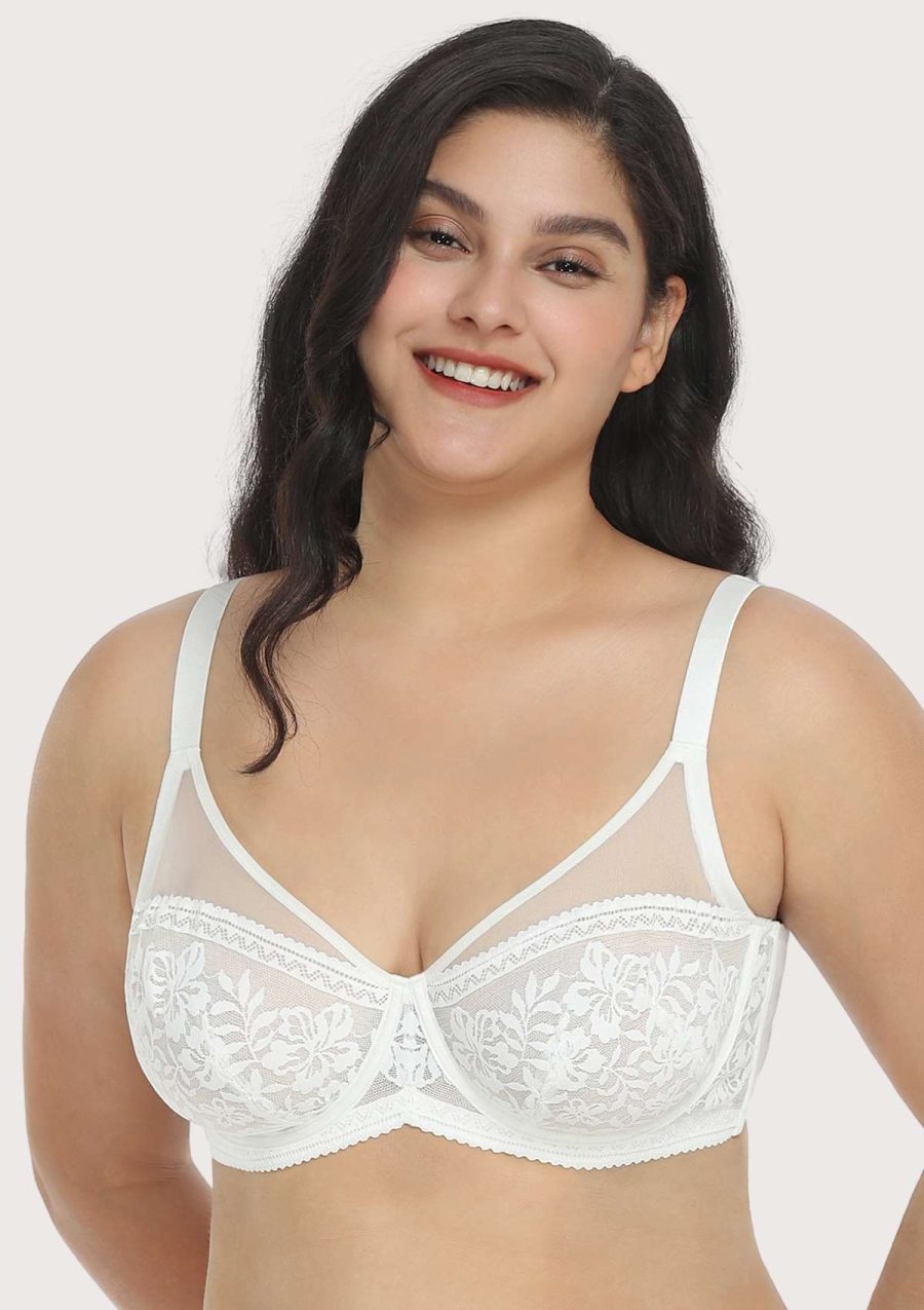 HSIA Gladioli Lace-trimed Unlined Underwire Bra and panty Set - White / 44 / C