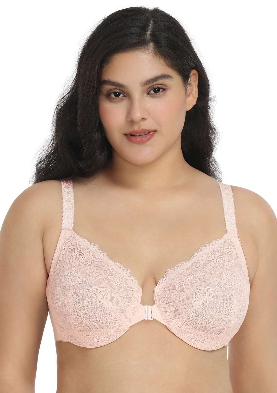 HSIA Nymphaea Front-Close Laced No Padding Bra Set for Full Figures - Dusty Peach / 34 / C