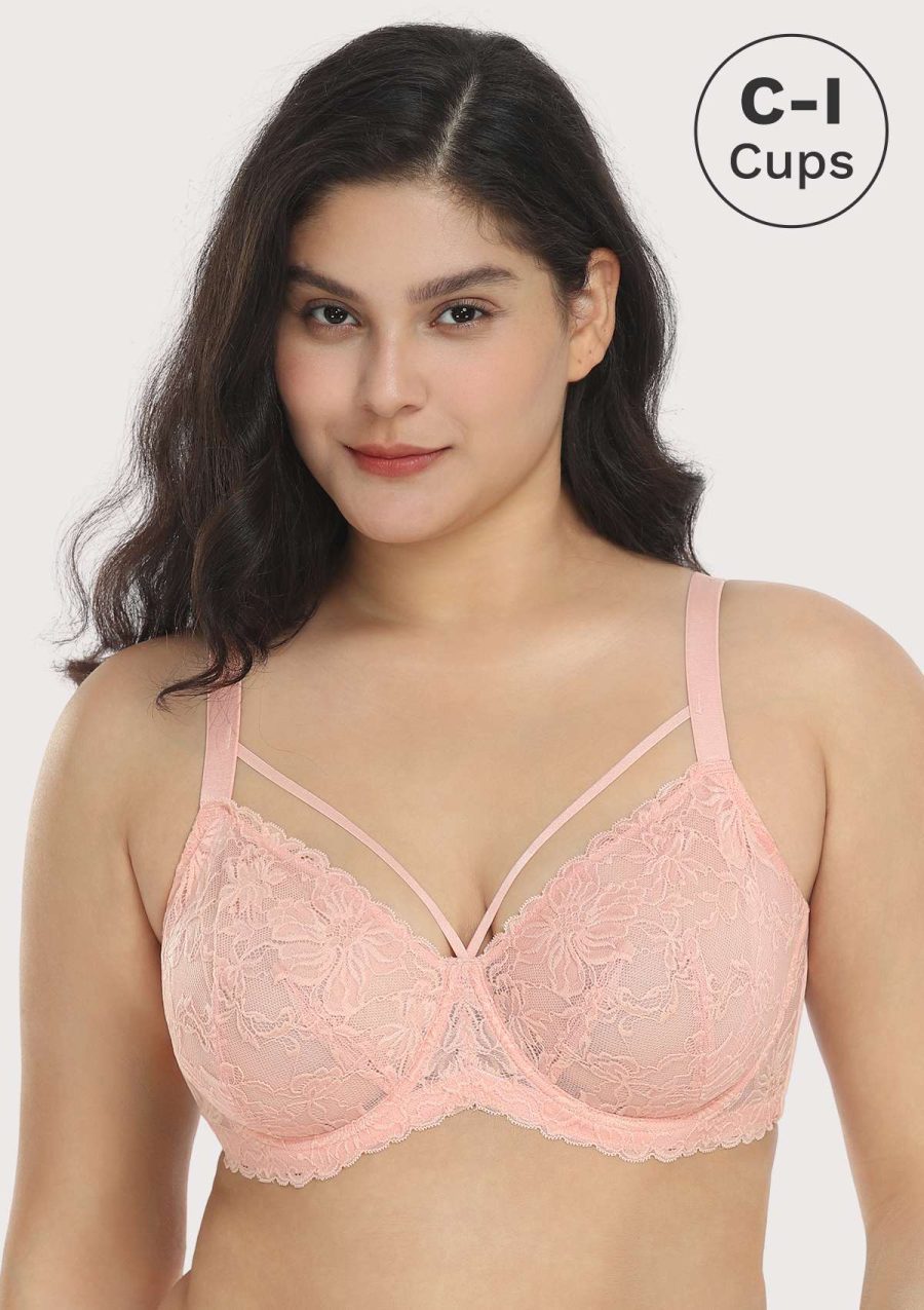 HSIA Pretty In Petals: Strappy Lace Sheer Bra For Side and Back Fat - Baby Pink / 40 / H