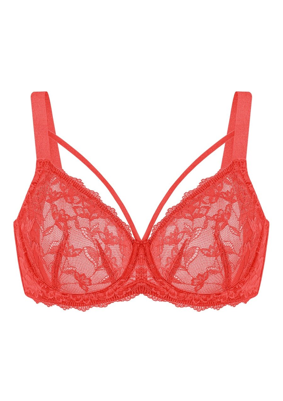 HSIA Unlined Lace Mesh Minimizer Bra for Large Breasts, Full Coverage - Neon Red / 34 / D