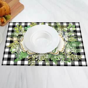 Hello Spring Greenery Checkered Set Of 4 Placemats - Aperturee