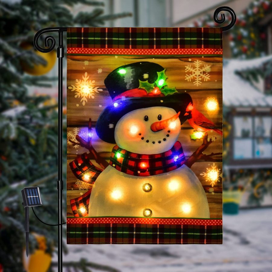 LED Lighted Snowman Plaid Christmas Garden Flag - Aperturee