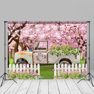 Light Pink Floral White Truck Fence Spring Backdrop - Aperturee