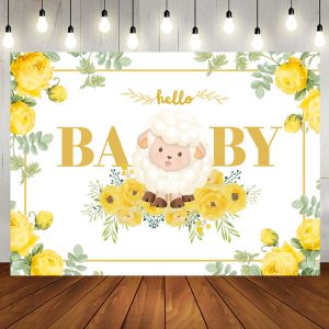 Little Lamb Yellow Floral Leaf Baby Shower Backdrop - Aperturee