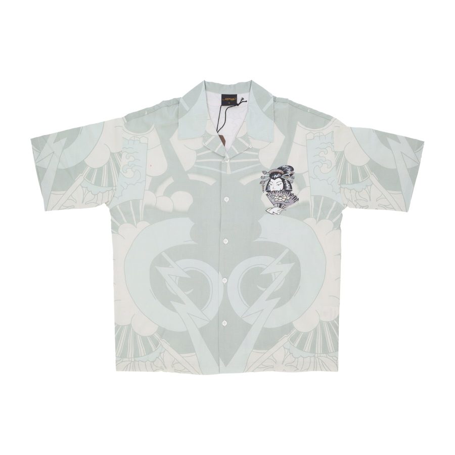 Men's Short Sleeve Shirt Geisha Fan Camp Shirt Green/white