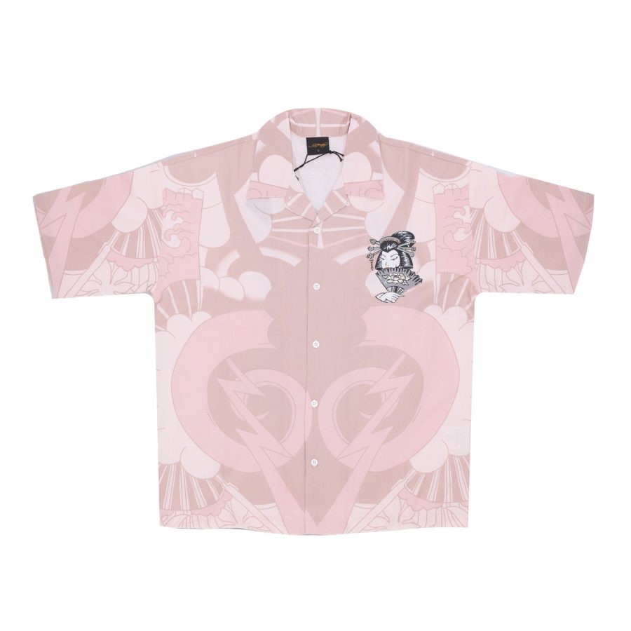 Men's Short Sleeve Shirt Geisha Fan Camp Shirt Pink/dusty Pink