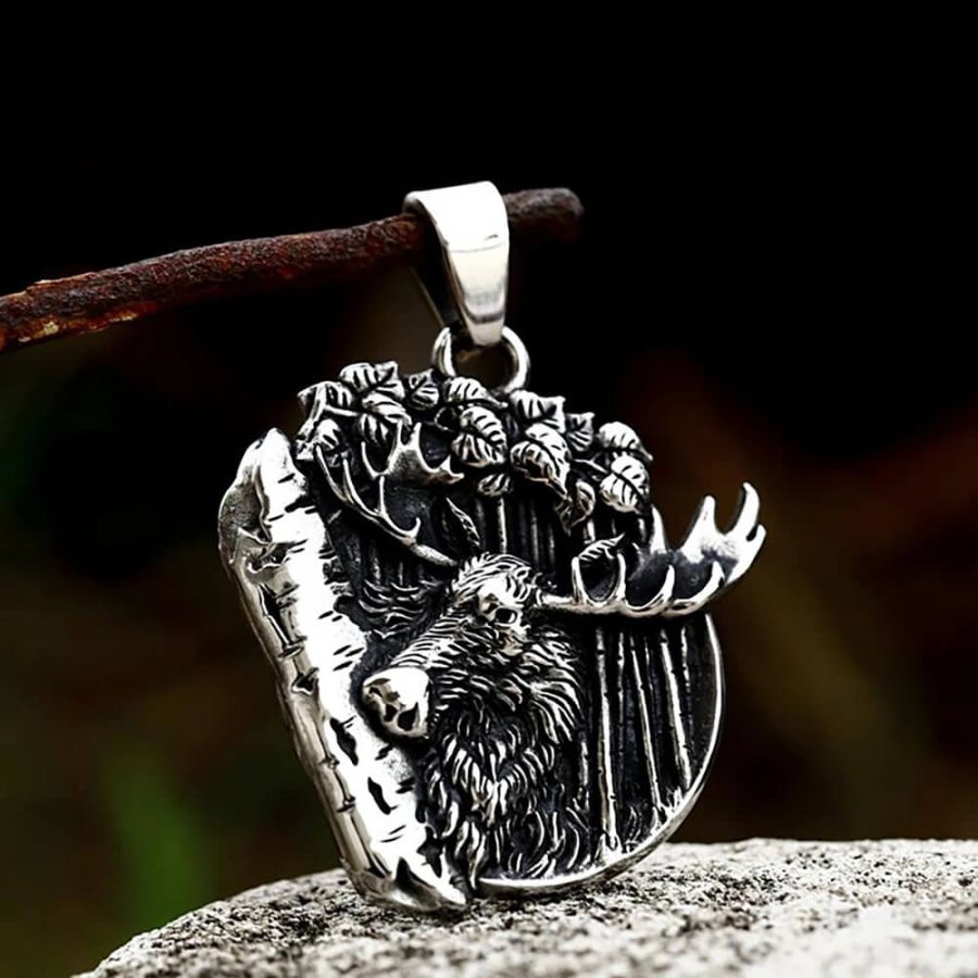 Moose Chewing On Tree Bark Stainless Steel Pendant Necklace