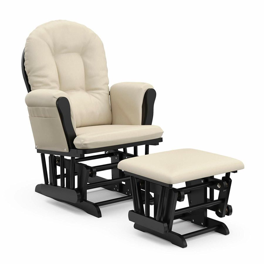 Nursery Glider Ottoman Set Black Wooden Frame Beige Cushions Baby Rocker Chair