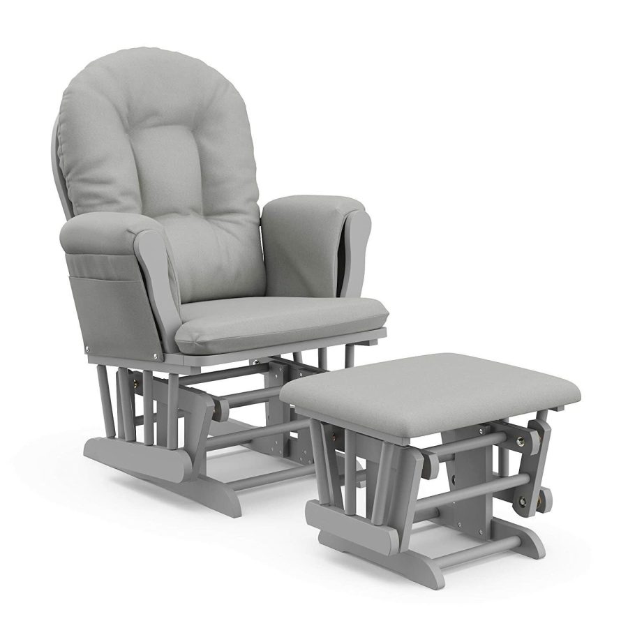 Nursery Glider Ottoman Set Grey Wooden Frame Gray Cushions Baby Rocker Chair