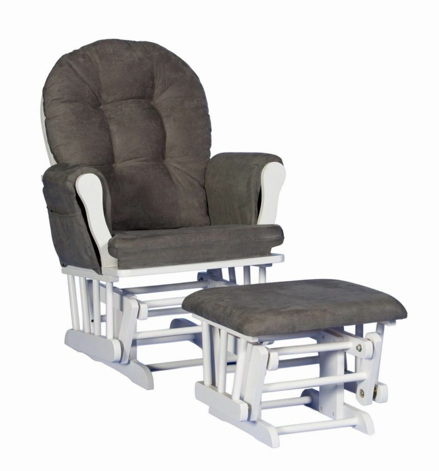 Nursery Glider Ottoman Set White Wooden Frame Gray Cushions Baby Rocker Chair
