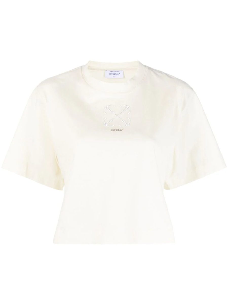 OFF-WHITE WOMEN Small Arrow Pearls Crop T-Shirt Ivory White