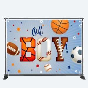 Oh Boy Sports Balls Blue Stripe Baby Shower Backdrop - Aperturee