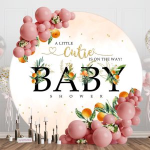 Oranges Green Leaf Simple Round Baby Shower Backdrop - Aperturee