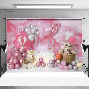 Pink Balloon teddy bear birthday cake smash Backdrop - Aperturee