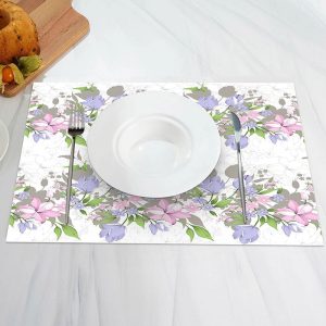 Pink Blue Flowers Leaves Pattern Set Of 4 Placemats - Aperturee