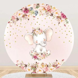 Pink Floral Dot Elephant Round Baby Shower Backdrop - Aperturee