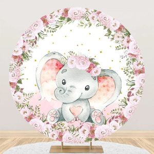 Pink Floral Elephant Cute Round Baby Shower Backdrop - Aperturee